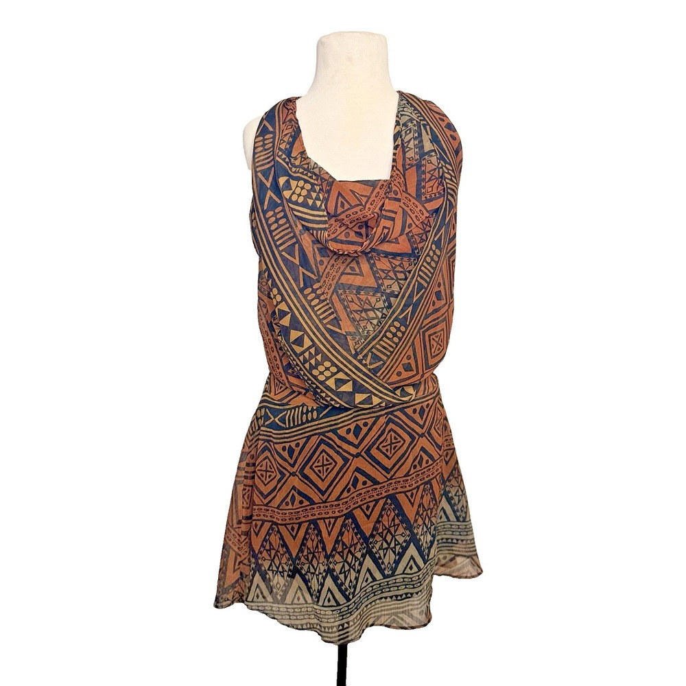 Myth NYC Brown & Black Tribal Geometric Sleeveless Cowl Neck Dress Size S Boho‎